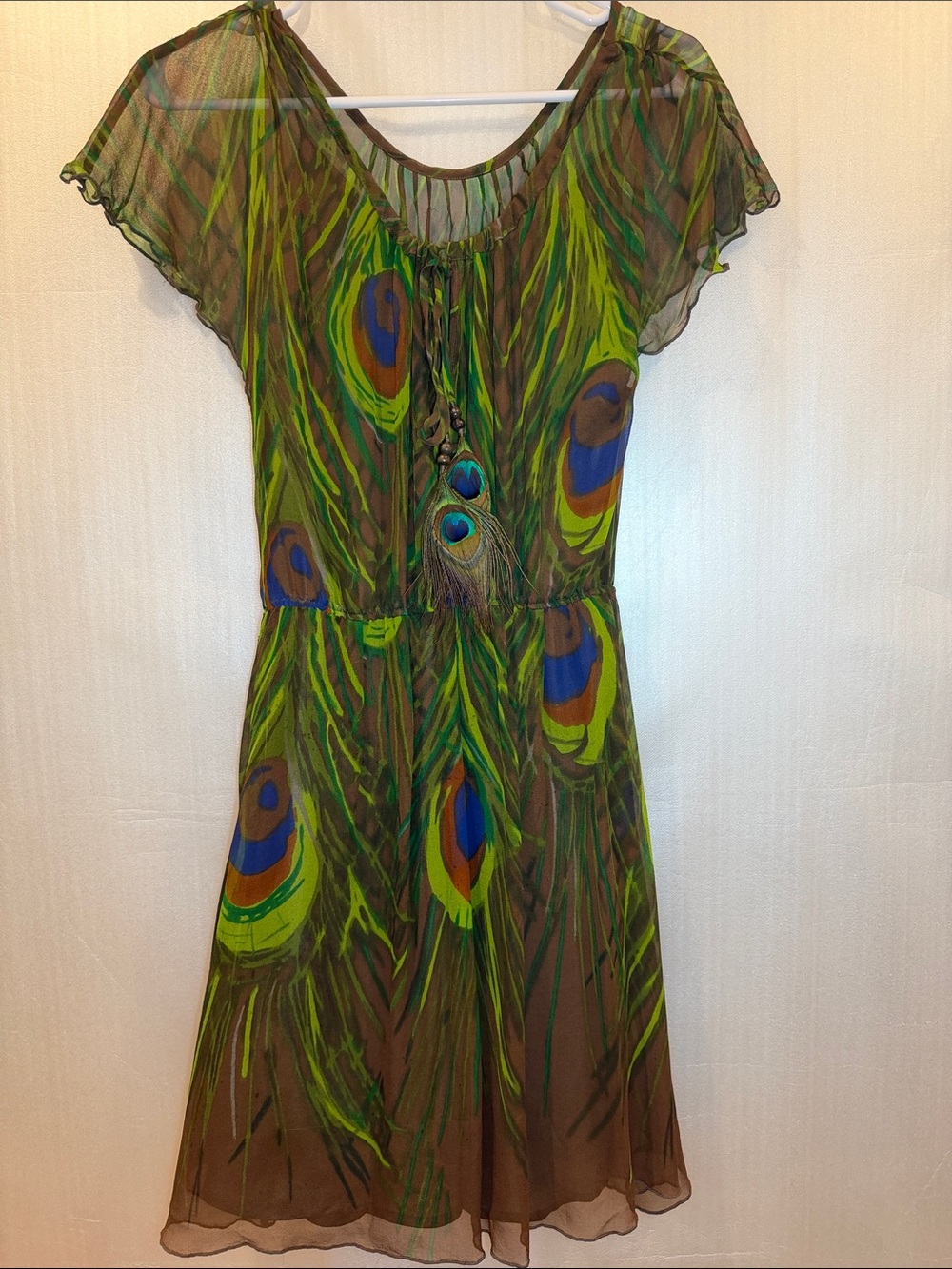 Sweetees Green Sheer Midi Dress with Peacock Print